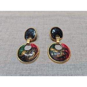 Vintage 1980s Gold Tone Blue/Green/Red Swirl Design Circle Dangle Earrings, 1''